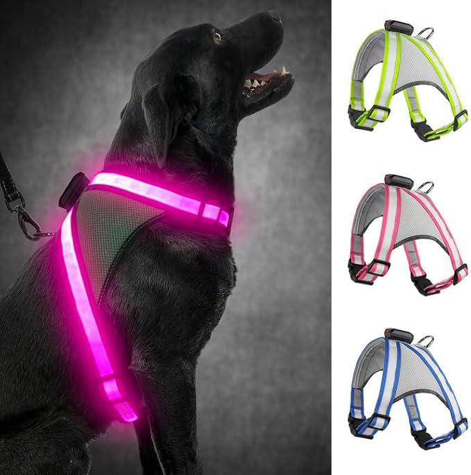 Visinite LED Dog Harness, USB Rechargeable Light Up Dog Vest, 2 Illuminate Modes Glow in The Dark Dog Harness, Adjustable Lighted Pet Harness Light for Night Walking Safety (Pink, XL)