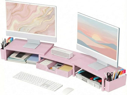 OPNICE Pink Desk Organizers and Accessories for Women, Dual Computer Monitor Stand Riser with Drawer and 2 Pen Holders, Office Desk Accessories, Workspace Desktop Organization for Office Supplies