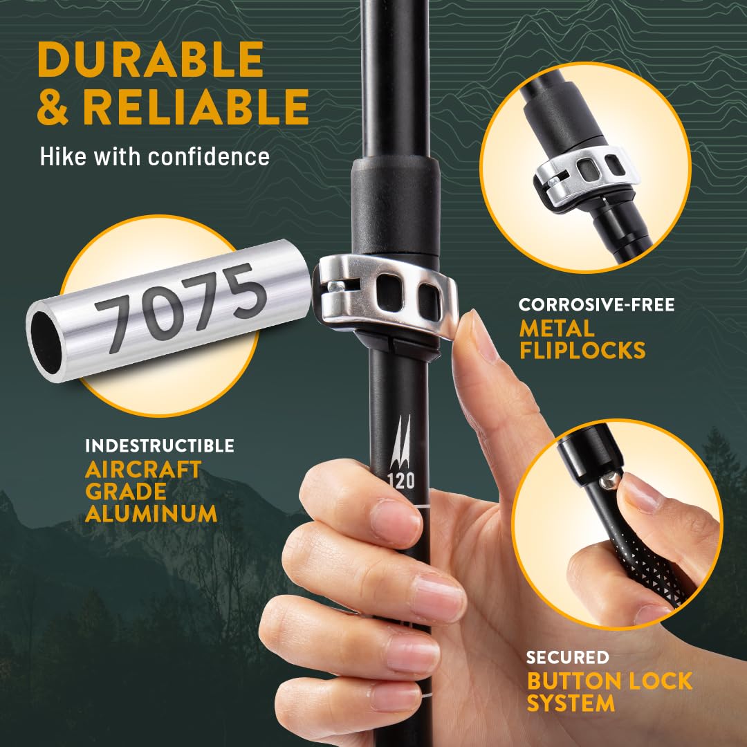 Premium Foldable Hiking Poles by USA Brand - Adjustable, Lightweight Trekking Poles Made of Aircraft Aluminum, Metal Locks Cork EVA Grips (Cork - Black, 100-120 cm for Height: 5'9" and Smaller)