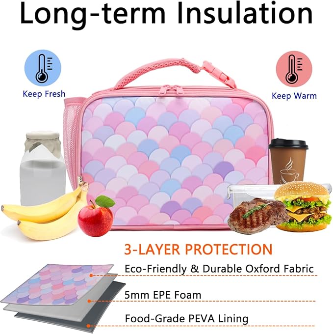 Insulated Lunch Box for School, Thermal Reusable Durable Freezable Lunch Bags for Kids Boys Girls Men Women - Small Soft Cooler Portable Lunch Tote Kit for Work Picnic Travel,Colorful