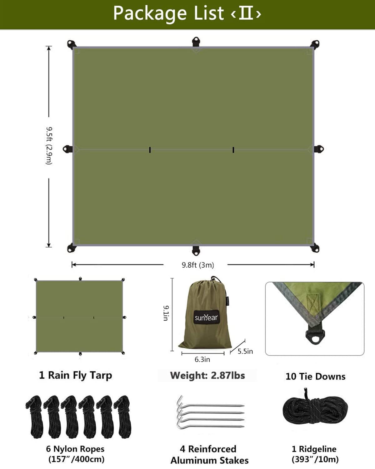 Sunyear Hammock Camping with Rain Fly Tarp and Net, Portable Camping Hammock Double Tree Hammock Outdoor Indoor Backpacking Travel & Survival, 2 Tree Straps,100% Waterproof Green Bundle