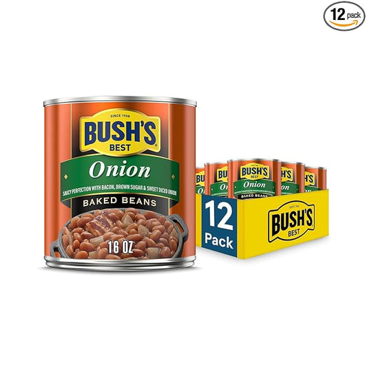 BUSH'S BEST 16 oz Canned Onion Baked Beans, Source of Plant Based Protein and Fiber, Low Fat, Gluten Free, (Pack of 12)