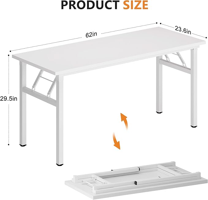 DlandHome Computer Desk 62 inches Office Desk Computer Table Study Writing Desk Workstation for Home Office Metal Frame No Install Needed White and White