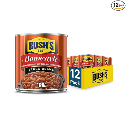 BUSH'S BEST 16 oz Canned Homestyle Baked Beans, Source of Plant Based Protein and Fiber, Low Fat, Gluten Free, (Pack of 12)