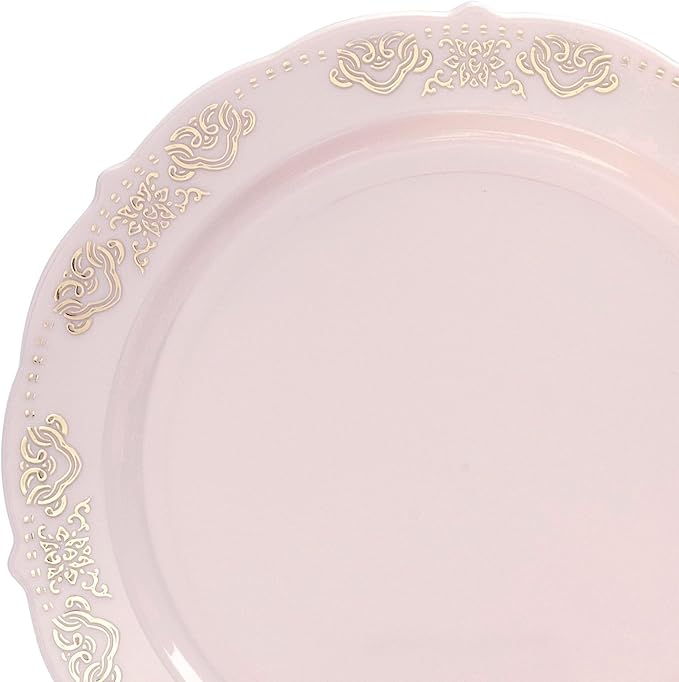 " OCCASIONS " 50 Plates Pack (25 Guests) Vintage Wedding Party Disposable Plastic Plate Set -25x10.25'' Dinner +25x7.5'' Salad/Dessert plates (Portofino Light Pink & Gold Accents)