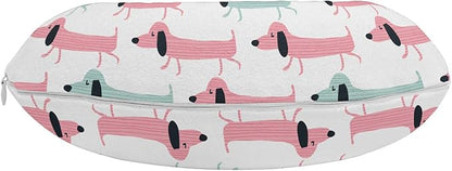 Ambesonne Dachshund Travel Pillow Neck Rest, Pattern with Funny Cartoon Sausage Dogs, Memory Foam Traveling Accessory for Airplane and Car, 12", Seafoam Pink