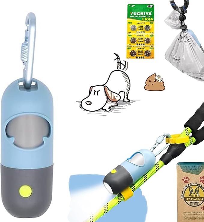 Dog Poop Bags Holder with LED Flashlight, Sky Blue, 15 Bags, 3 Accessories