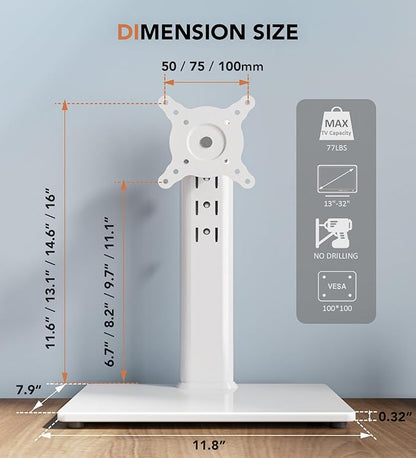Hemudu Single LCD Computer Monitor Free-Standing Desk Stand Riser for 13 inch to 32 inch Screen with Swivel, Height Adjustable, Rotation, Holds One (1) Screen up to 77Lbs(HT05W-001) White