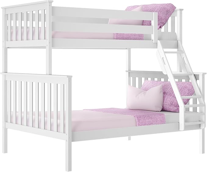 Max & Lily Bunk Bed Twin Over Full Size with Ladder, Solid Wood Platform Bed Frame with Ladder for Kids, 14" Safety Guardrails, Easy Assembly, No Box Spring Needed, White