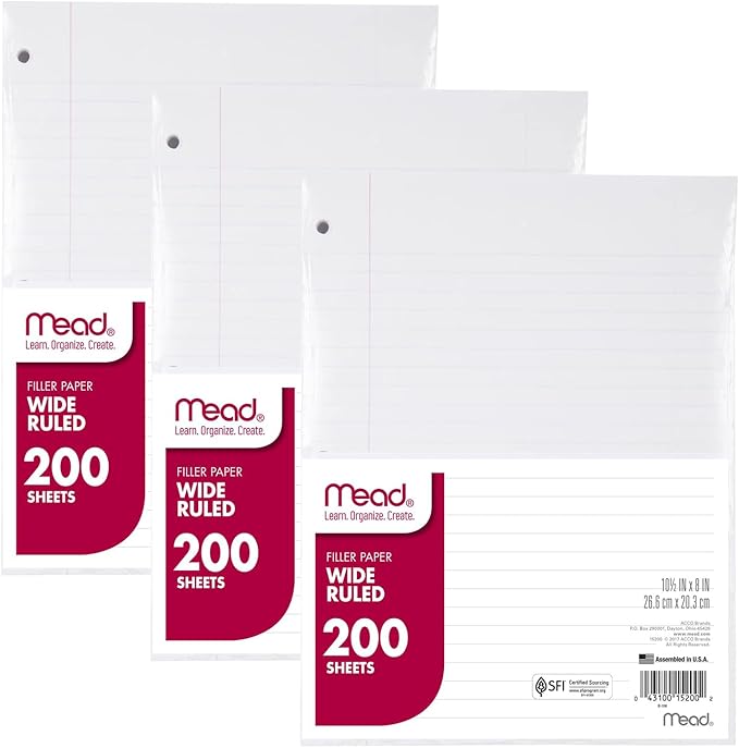 Mead Loose Leaf Paper, 3 Pack, Notebook Paper, Wide Ruled Filler Paper, Standard, 8 x 10.5, 200 Sheets per Pack (73183)