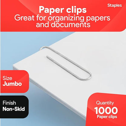 Staples Jumbo Paper Clips, Silver, Non‑Skid, 1,000 Pack – Heavy‑Duty Clips for Thick Documents & Office Filing