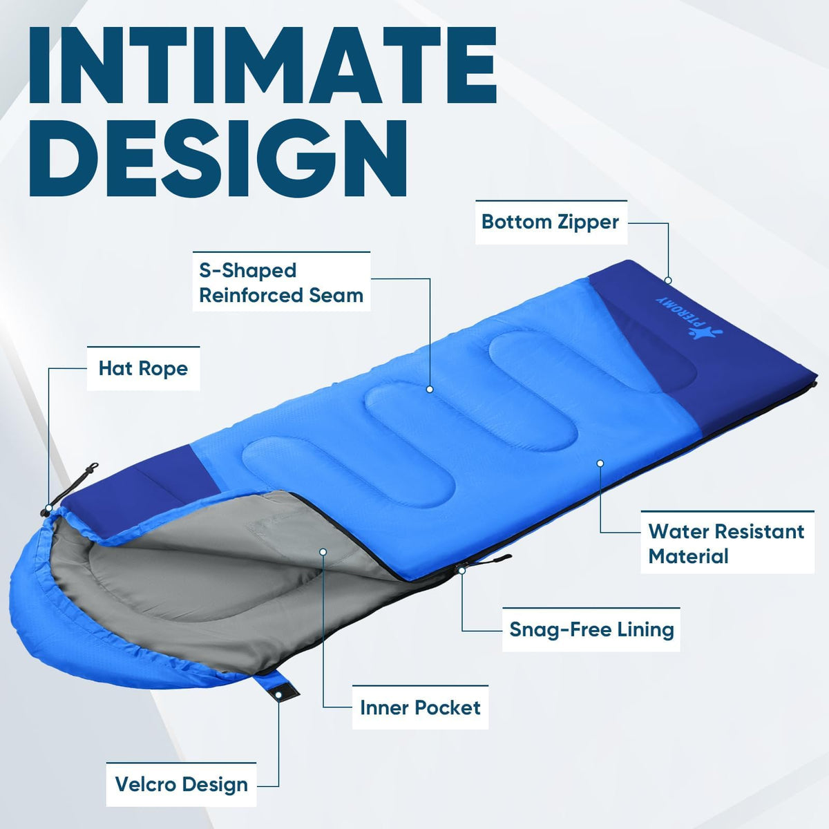 PTEROMY Sleeping Bags for Adults, Lightweight and Machine Washable, Water Resistant Backpacking Camping Sleeping Bag for Warm Cold Weather, Camping Essentials for Hiking Travel (Blue, 1.35kg)