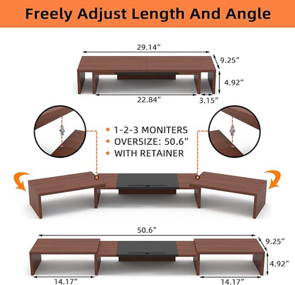 WESTREE Triple Monitor Stand Riser - Extra Long, Adjustable Length & Angle, 3 Shelf Desktop Storage for 1-3 Monitors