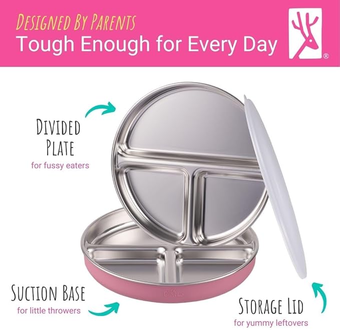 Elk and Friends Stainless Steel Divided Plates with Silicone Sleeve for Babies & Toddlers | Lids Included | Stay Put Suction | Dinner & Snack Plates | 4 Pack