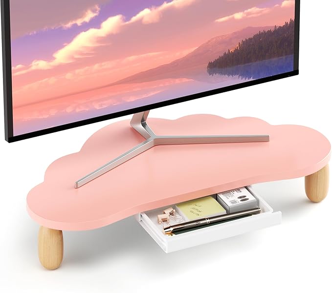 Monitor Stand Riser,Cloud-Shaped Sturdy Wood Computer Monitor Riser Wirh Drawer, Monitor Stand Riser, Multi-Purpose Desktop Organizer Riser for Computer,Laptop,Printer,TV,Pink