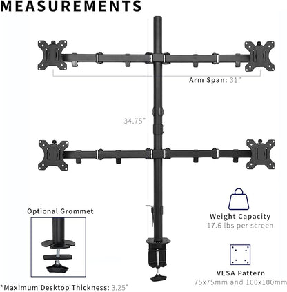 VIVO Quad 13 to 30 inch LCD Monitor Desk Mount, Fully Adjustable Stand with Tilt and Swivel, Holds 4 Screens with Max VESA 100x100, STAND-V004