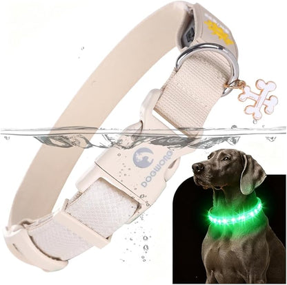 DOGWONG LED Dog Collar - Heavy Duty Light up Collars - Rechargeable Waterproof - Lighted Dog Collar for Night Walking, Hiking, Camping(White,S)