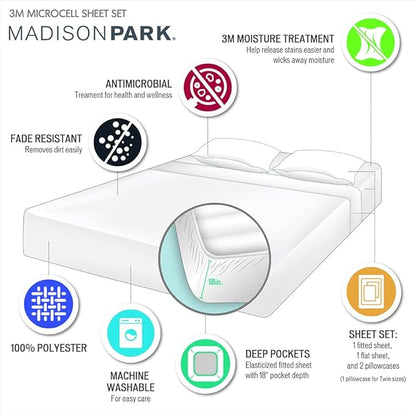 Madison Park 3M Microcell Color Fast, Wrinkle and Stain Resistant, Soft Sheets with 16" Deep Pocket All Season, Cozy Bedding-Set, Matching Pillow Case, Twin XL, Seafoam (MP20-2444)