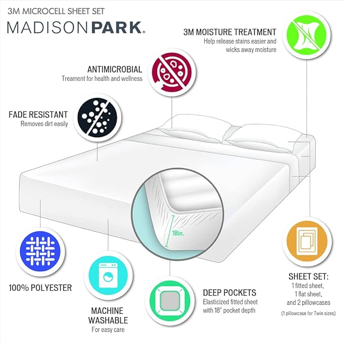 Madison Park 3M Microcell Bed Sheet Set Color Fast, Wrinkle and Stain Resistant, Soft Sheets with 16" Deep Pocket All Season, Cozy Bedding-Set, Matching Pillow Case, Full, Seafoam, 4 Piece