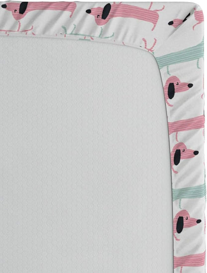 Ambesonne Dachshund Fitted Sheet, Pattern with Funny Cartoon Sausage Dogs, Bed Cover with All-Round Elastic Deep Pocket for Comfort, Queen Size, Seafoam Pink