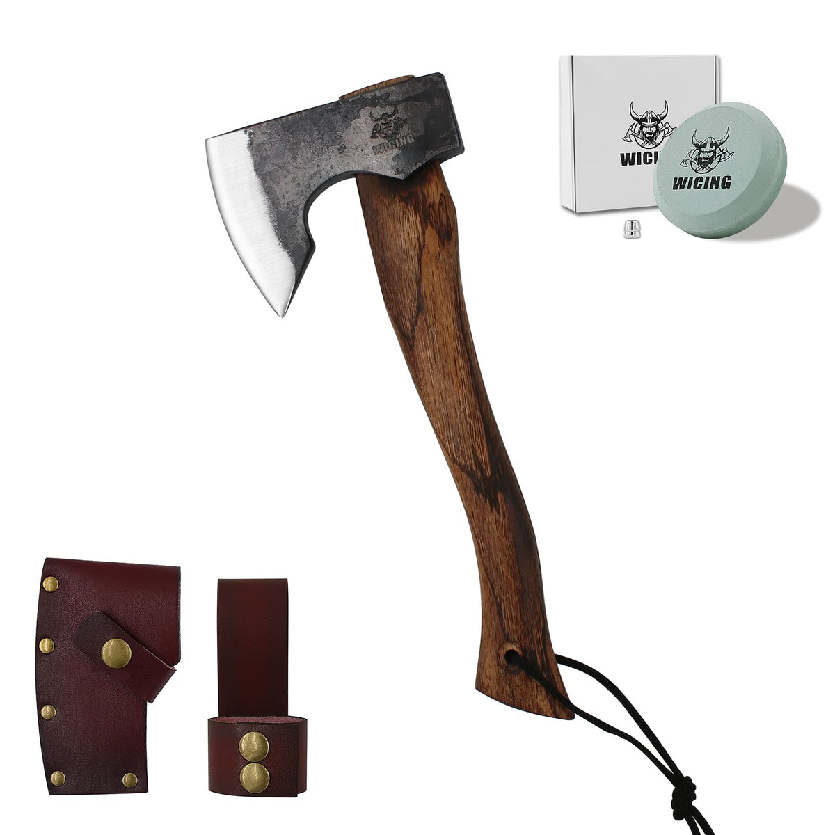 WICING 13.5 Inch Hatchet, Camping Axes and Hatchets 1065 Carbon Steel and Beech Handle, with Leather Sheath