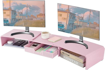 Dual Monitor Stand Riser with Drawer, Desk Organizer and Accessories, Pink Monitor Stand for Desk, Desktop Stand for Computer, Laptop, TV and More (Pink)