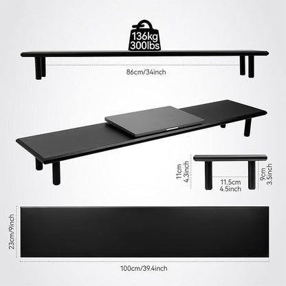 Bamboo Dual Monitor Stand Riser with Underneath Storage, Ergonomic Desk Shelf Supports PC Computer Monitor, Printer, TV for Home, Office, Black