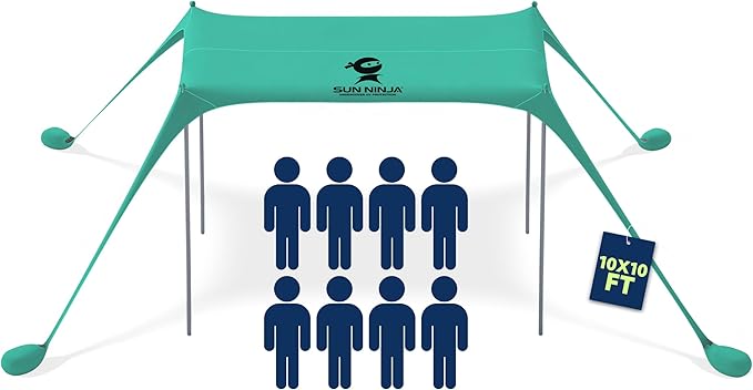 SUN NINJA Beach Tent Sun Shelter UPF50+ - Easy Pop Up Beach Canopy - Outdoor Shade for Camping Trips, Fishing, Backyard Fun Picnics - Sand Shovel, Ground Pegs & Stability Poles