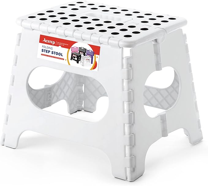 ACSTEP Folding Step Stool for Adults and Kids 11 Height Lightweight Plastic Stepping Stool Foldable Step Stool Hold up to 300lbs Non Slip Collapsible Stool White