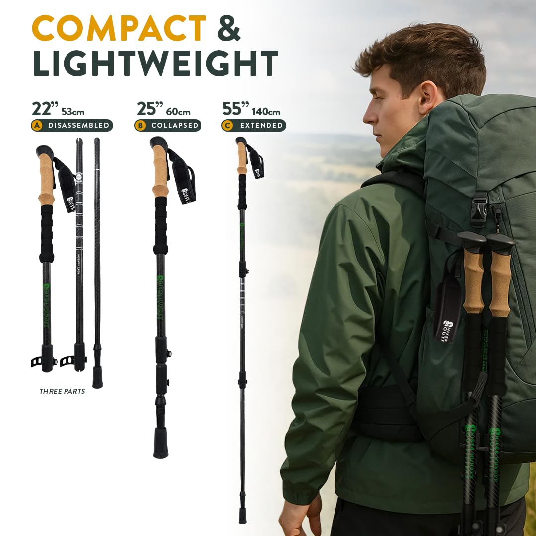 100% Carbon Fiber Trekking Poles by USA Brand - Ultra Strong Lightweight Collapsible Hiking Poles with Cork and EVA Foam Grips & Quick Adjustable Flip Locks