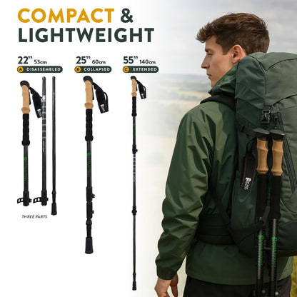 100% Carbon Fiber Trekking Poles by USA Brand - Ultra Strong Lightweight Collapsible Hiking Poles with Cork and EVA Foam Grips & Quick Adjustable Flip Locks
