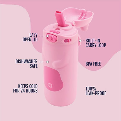 Ello Ellies 12oz Vacuum Insulated Stainless Steel Kids Water Bottle with Straw and Built-in Carrying Handle and Leak-Proof Locking Lid for School Backpack, Lunchbox and Outdoor Sports, Pig