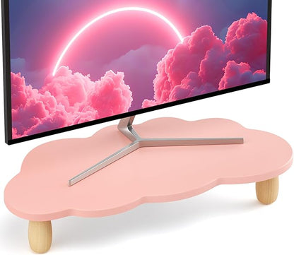 Monitor Stand Riser,Cloud-Shaped Sturdy Wood Computer Monitor Riser, Laptop Monitor Stand, Multi-Purpose Desktop Organizer Riser for Computer, Laptop, Printer, TV,Pink