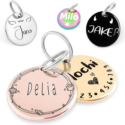 Name Pattern Art Design - Dog Tags Personalized for Pets - Custom Cats Dogs ID Tag - Stainless Steel Deep Engraving (Round)