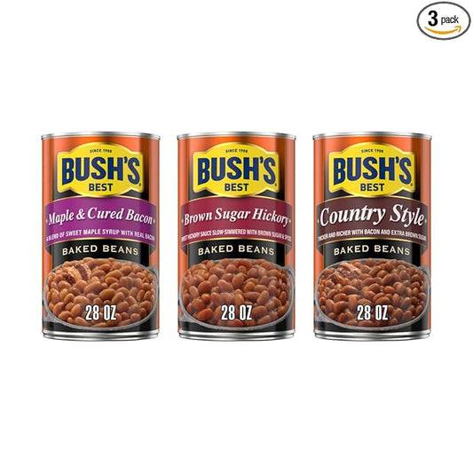 Bush's Best Baked Beans, Sweet Country Maple, 1 Maple Cured Bacon (28oz), 1 Country Style (28oz), 1 Brown Sugar Hickory (28oz), (Variety Pack)