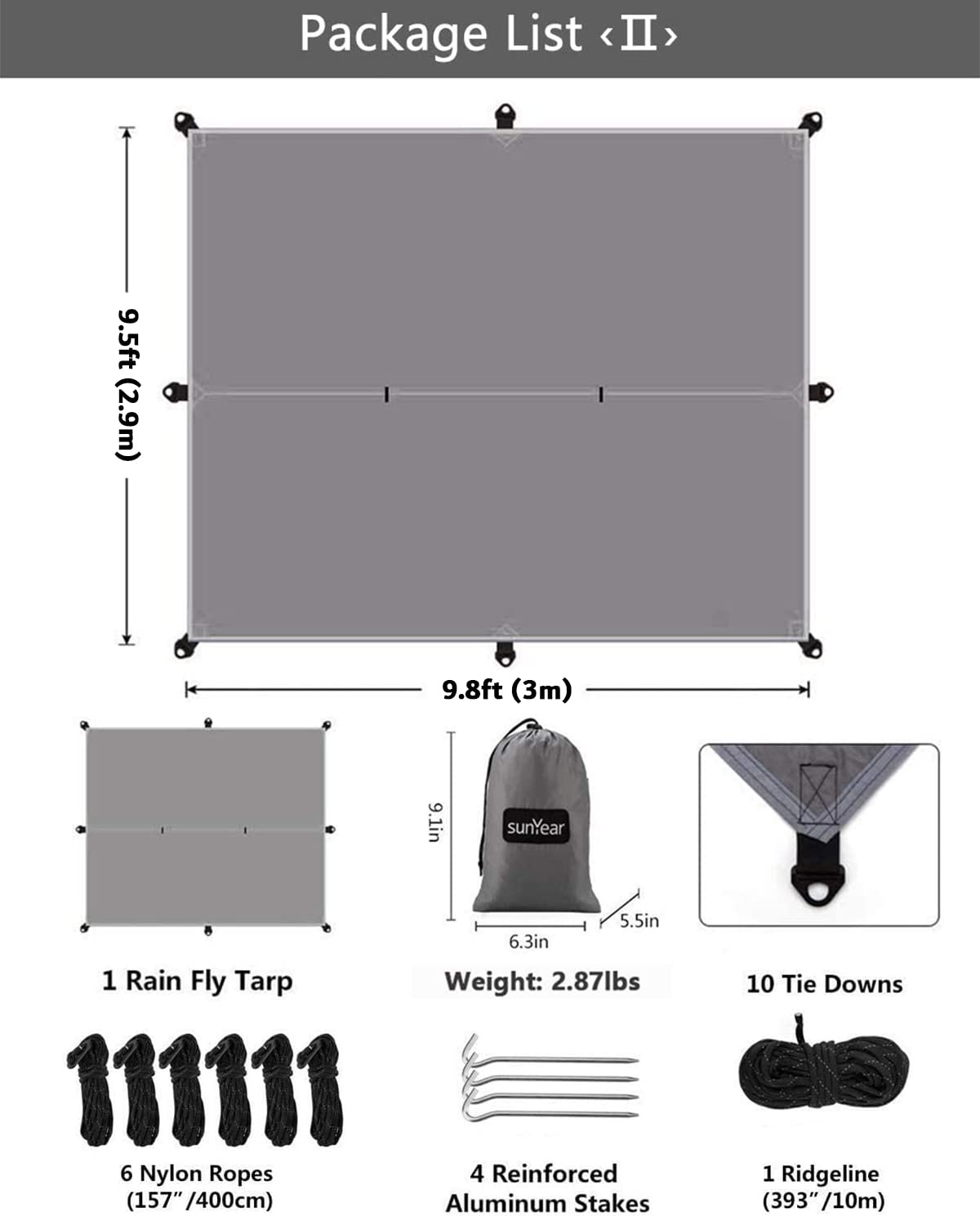 Sunyear Hammock Camping with Rain Fly Tarp and Net, Portable Camping Hammock Double Tree Hammock Outdoor Indoor Backpacking Travel & Survival, 2 Tree Straps,100% Waterproof Black Bundle