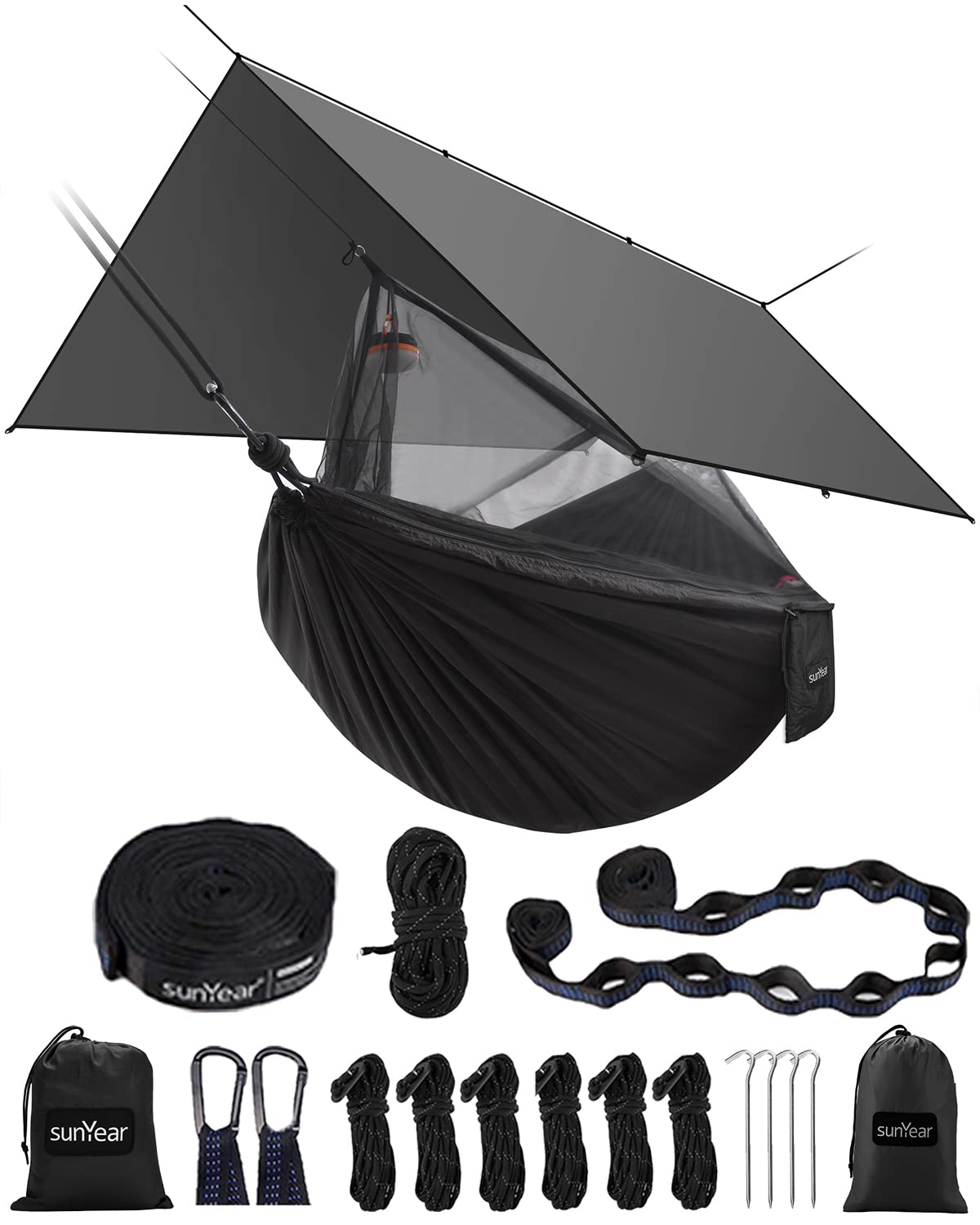 Sunyear Hammock Camping with Rain Fly Tarp and Net, Portable Camping Hammock Double Tree Hammock Outdoor Indoor Backpacking Travel & Survival, 2 Tree Straps,100% Waterproof Black Bundle