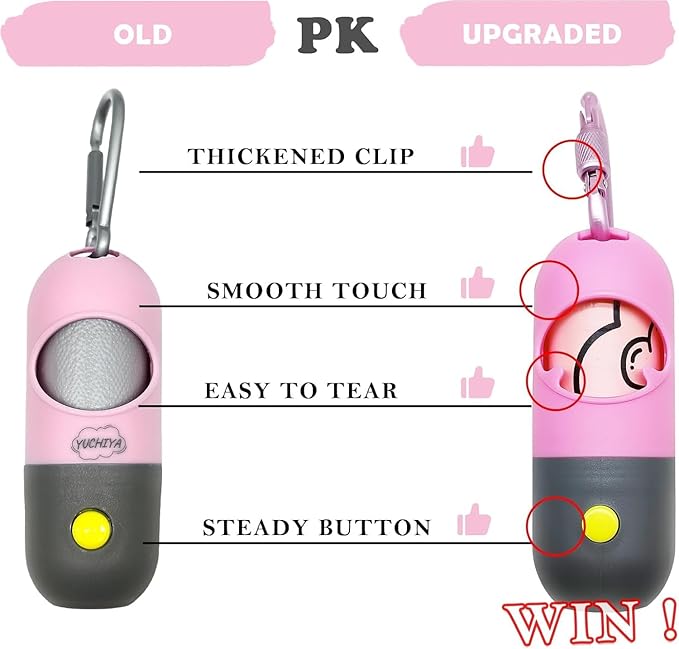 Dog Poop Bags Holder with LED Flashlight|Pet Waste Bags Dispenser for Leash|Doggie Potty Bags Container with Leak-proof Pet Trash Bags and Accessories (1 Holder 15 Bags, Pink)