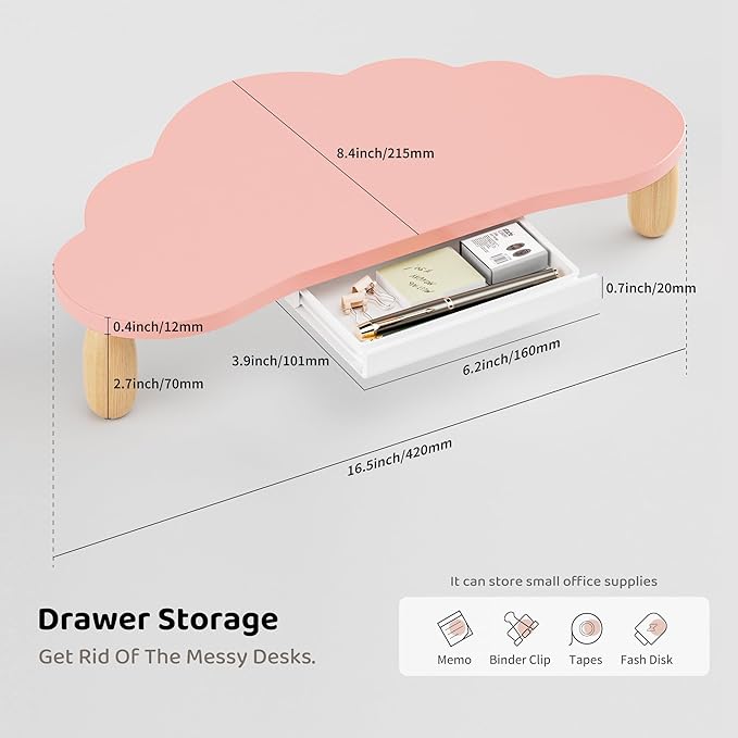 Monitor Stand Riser,Cloud-Shaped Sturdy Wood Computer Monitor Riser Wirh Drawer, Monitor Stand Riser, Multi-Purpose Desktop Organizer Riser for Computer,Laptop,Printer,TV,Pink