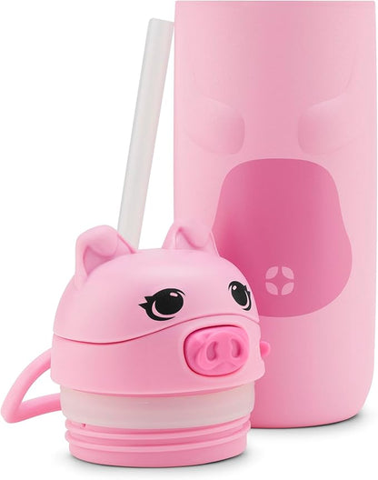 Ello Ellies 12oz Vacuum Insulated Stainless Steel Kids Water Bottle with Straw and Built-in Carrying Handle and Leak-Proof Locking Lid for School Backpack, Lunchbox and Outdoor Sports, Pig