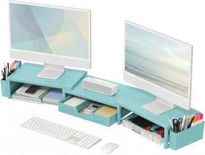 OPNICE Desk Organizers and Accessories, Dual Monitor Stand Riser with Drawer and 2 Pen Holders, Desk Shelf Metal Computer Monitor Stand for Office Workspace Organizers, Desktop Organization (Blue)