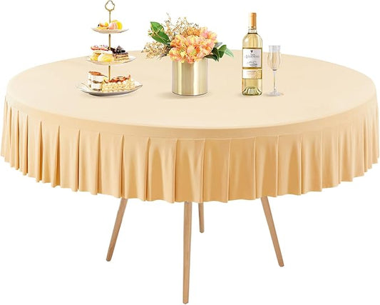 1 Pack Champagne Spandex Round Tablecloths for 72in Table, Stretchy Fitted 6FT Round Table Cloths, Wrinkle Free Table Cover with Skirt for Wedding Birthday Party Bridal Shower Banquet