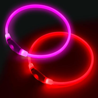 2 Packs Light Up Dog Collar, LED Dog Collar, USB Rechargeable Dog Lights for Night Walking, Adjustable Glow in The Dark Collars for Small Medium Large Dogs, Waterproof Safety Pets Lights Red&Pink