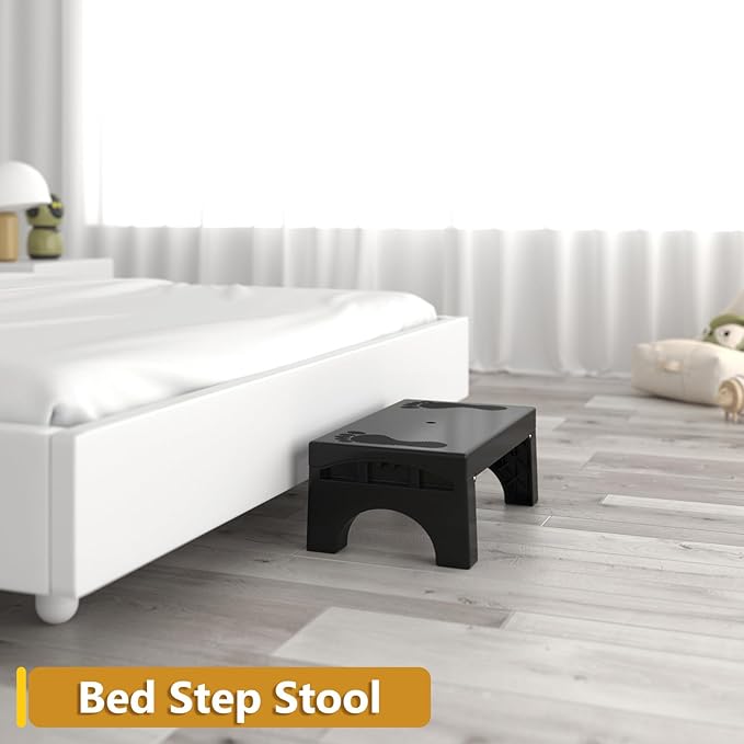 Step Stool Foldable for Adults Kids, Heavy Duty Non-Slip Folding Stepping Stool with 400-LBS Capacity, Portable Collapsible Foot Stool for Bathroom Bedroom Kitchen, Bed Steps for High Beds, Black