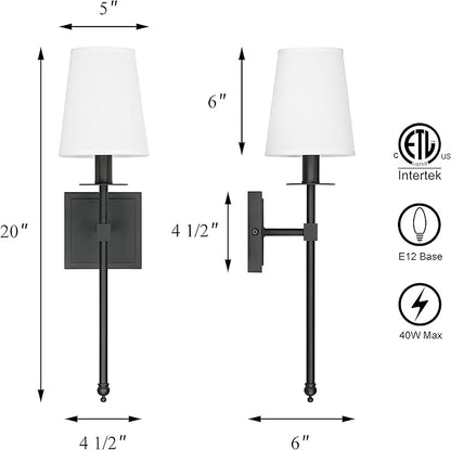 XiNBEi Lighting Black Wall Sconces Set of 2, Classic Sconces Wall Lighting with Flared White Fabric Shade 1 Light Wall Lamps for Bedroom Bedside Corridor & Living Room