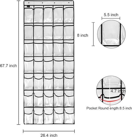 1 Pack 35 Clear Crystal Pockets Large Hanging Shoe Organizer Over The Door Shoe Rack for Closet Door Storage Shoe Holder Hanger, 4Hooks, white (67.7'' x 26.4'')