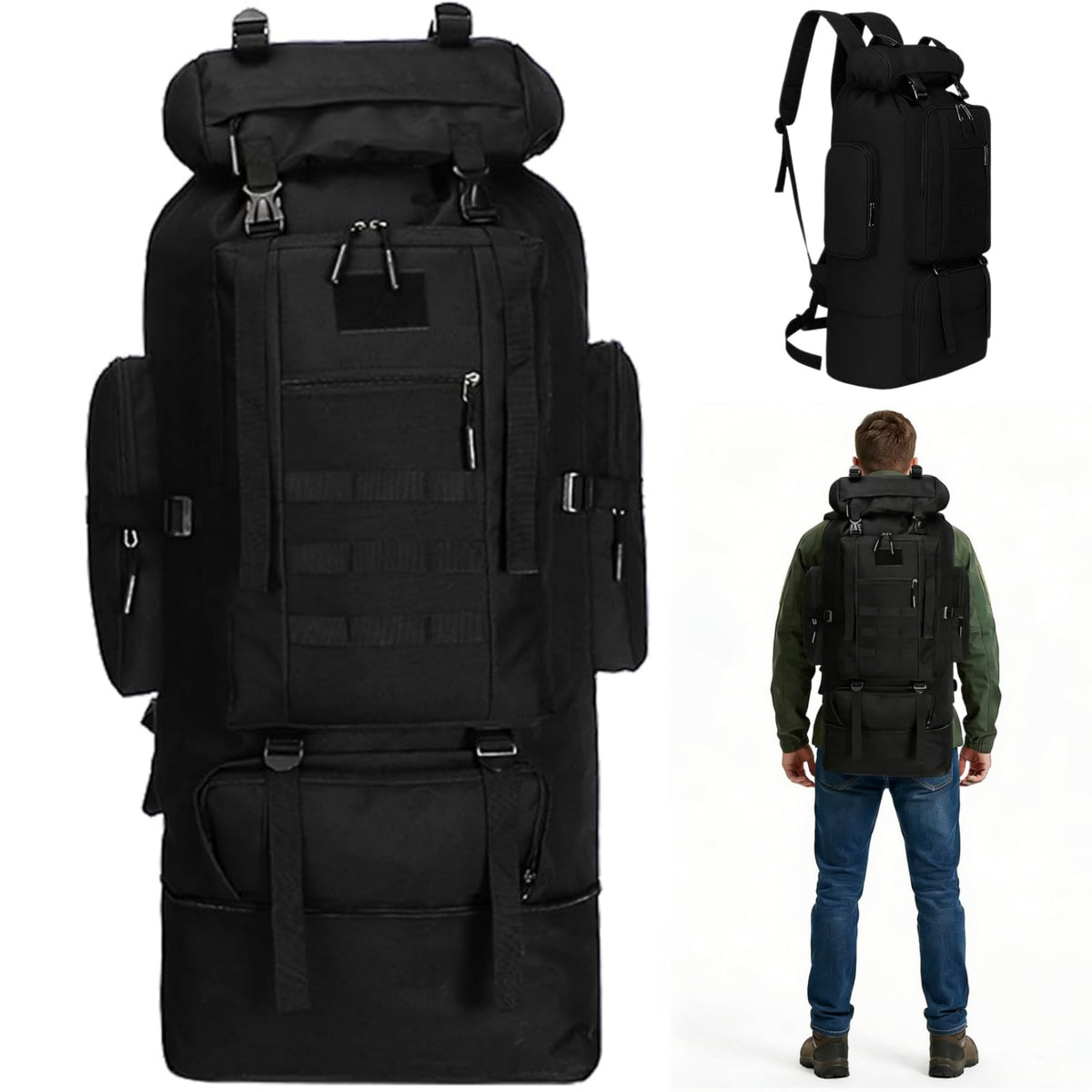 Goaste 100L Camping Hiking Backpack, Molle Military Tactical Rucksack, Waterproof Large Travel Daypack, Adjustable Survival Hunting Sports Bag for Men and Women Hiking, Camping, Touring(Black)