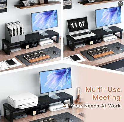 Dual Monitor Stand Riser, Wood and Steel Monitor Stand for Desk, Multi-Purpose Desk Shelf Organizer for Computer, Laptop, Printer, TV, Black