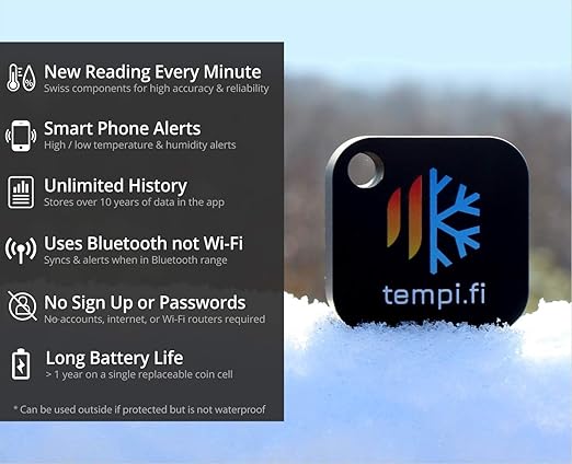 (3) tempi.fi Mini Wireless Temperature and Humidity Sensors - Developed in The USA - 24/7 Data Logger with Alarm – Bluetooth Smart Thermometer and Hygrometer - Bluetooth Only - Not Wi-Fi