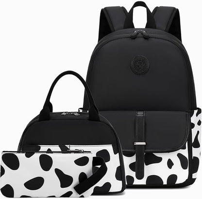 School Backpack for Girls Teens Bookbag with Lunch Box Set Kids Backpack Elementary Middle School Bag Daypack, Black Cow